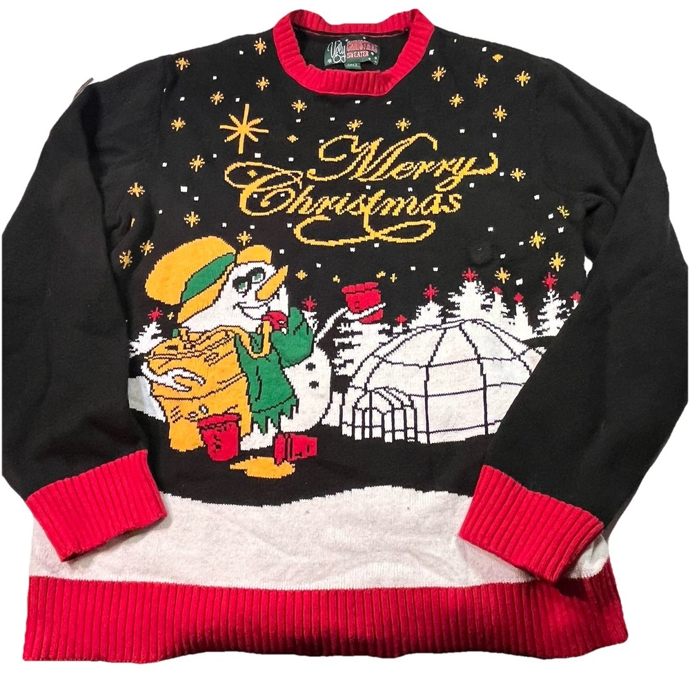 Ugly Christmas Sweater Merry Christmas‎ Sz XL Black Red Gold Green White Snowman